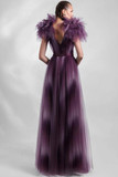 Deep V-Neck Ruffled Shoulder Tulle Gown