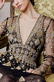 Deep V-Neck Long Sleeve Embellished Gown