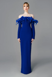 Crepe Gown with Feather Detail