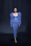 Beaded Denim Dress with Feathered Sleeves