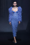 Beaded Denim Dress with Feathered Sleeves