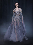 Beaded Tulle Gown with Long Slit Sleeves