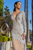 Embroidered Long Sleeve Gown with Exposed Back