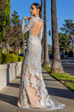 Embroidered Long Sleeve Gown with Exposed Back