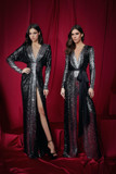Sequin Draped Long Sleeve Gown