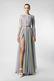 Embellished Long Sleeve Pleated Gown