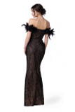 Feathered Off Shoulder Draped Gown