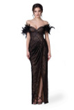 Feathered Off Shoulder Draped Gown