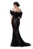 Feathered Off the Shoulder Trumpet Gown
