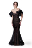 Feathered Off the Shoulder Trumpet Gown