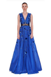 V-Neck Embroidered A-Line Blue Gown