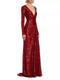 Long Sleeve Red Sequin Gown