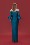 Embellished Satin Gown With Ruffled Sleeves