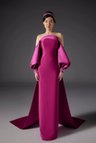 Puff Sleeve Column Gown with Train