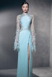 Embellished Feathered Long Sleeve Gown with Slit
