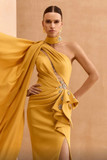 One Shoulder Cape Gown with Slit
