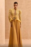 Long Sleeved Peplum Pleated Gown