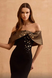 Draped Off Shoulder Flared Gown