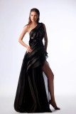 One-Shoulder Sleeveless Ruffled Gown