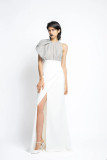 Nailhead Hand Embroidered Sequin and Crepe Gown