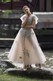 Embroidered Tulle Gown with Pleated Train