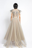 Embroidered Tulle Gown with Pleated Train