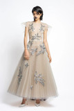 Embroidered Tulle Gown with Pleated Train