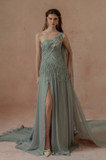Embellished One-Shoulder Slit Gown