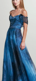 Off Shoulder Blue Smoke Print Evening Gown