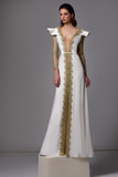 Long Sleeve Crepe Gown with Gold Lace