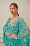 Pleated V Neck Cape Sleeve Gown