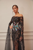 Sheer Illusion Cape Sleeve Gown