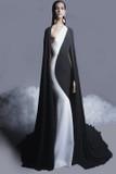 One Shoulder Crepe  Gown with Cape