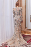 Long Sleeve Fringe Embellished Gown