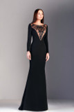 Beaded Crepe Long Sleeve Gown