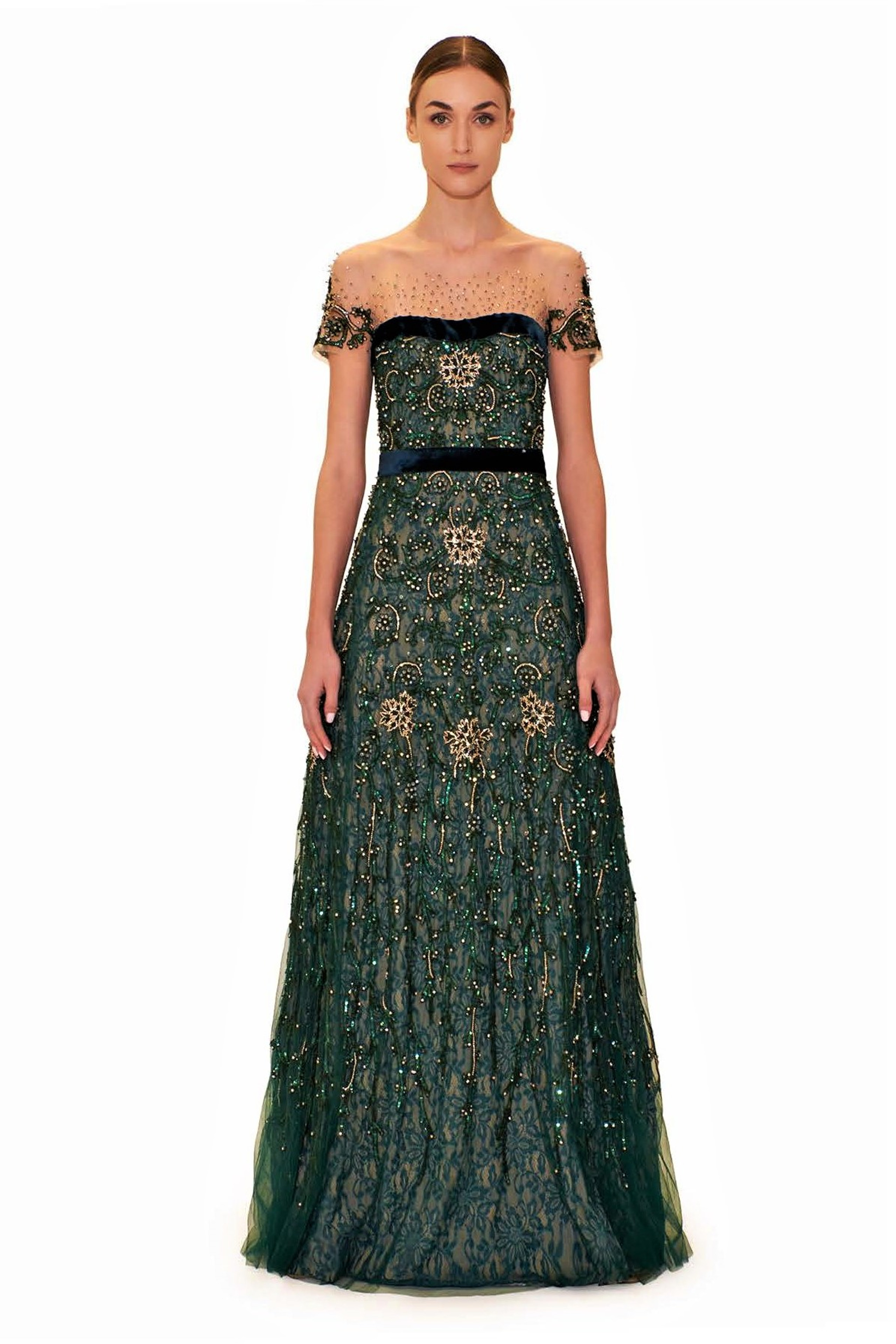 Edward Arsouni Beaded Lace ¾ Sleeve Gown - District 5 Boutique