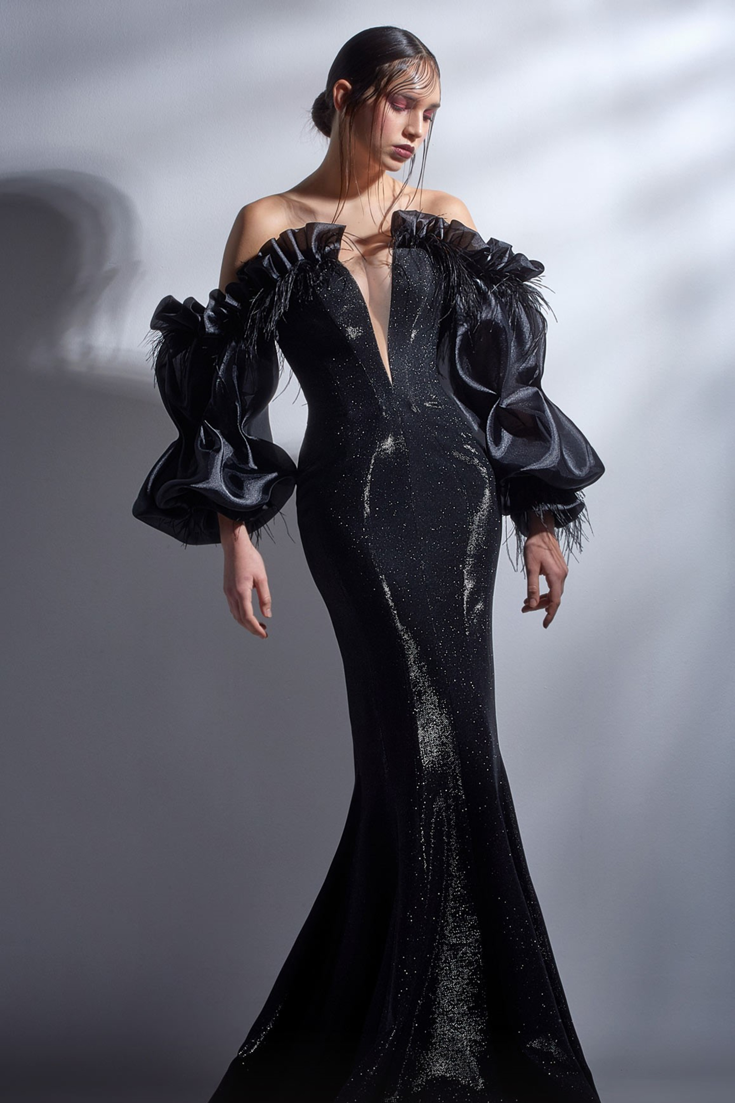 Gaby Charbachy Long Sleeve Off Shoulder Trumpet Gown - District 5 Boutique