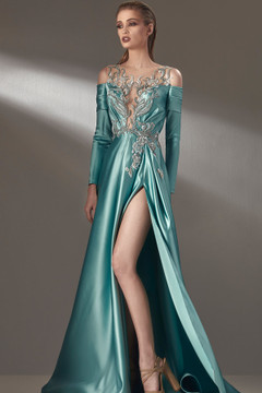 Illusion Neck Long Sleeve Slit Gown Illusion Neck Long Sleeve Slit Gown