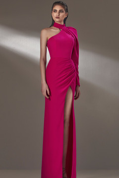 Long One Sleeve Column Slit Gown