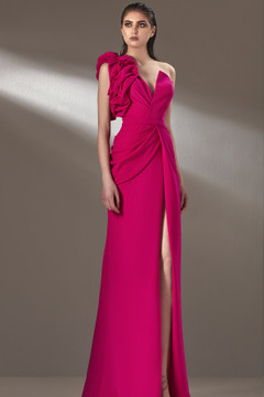 Ruffled One Shoulder Illusion Gown