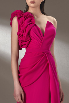 Ruffled One Shoulder Illusion Gown