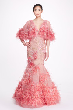 Feather Embroidered Trumpet Gown with Cape