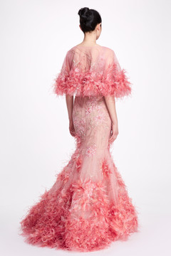 Feather Embroidered Trumpet Gown with Cape