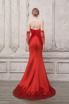 Draped Off Shoulder Sheer Sleeve Gown Draped Off Shoulder Sheer Sleeve Gown