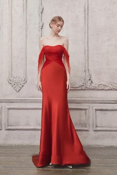 Draped Off Shoulder Sheer Sleeve Gown Draped Off Shoulder Sheer Sleeve Gown
