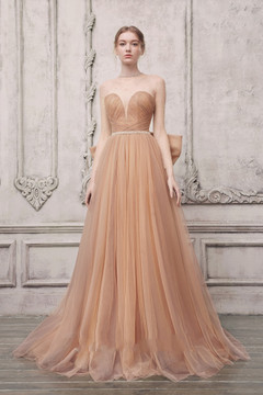 Long Sleeve Strapless Illusion Gown