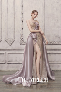 Long Sleeve Strapless Illusion Slit Gown Long Sleeve Strapless Illusion Slit Gown