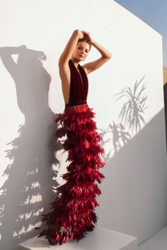 Deep -V Halter Feather Gown