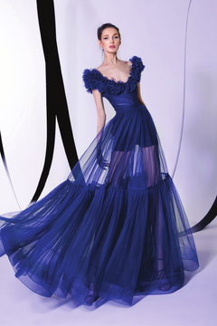 Ruffled Sheer Tulle Gown