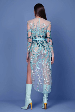 Long Sleeve Asymmetrical Beaded Tulle Dress Long Sleeve Asymmetrical Beaded Tulle Dress
